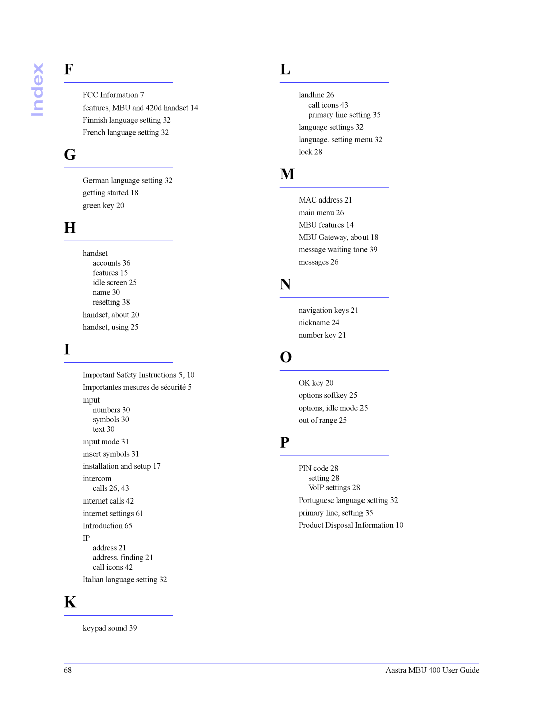 Aastra Telecom 41-001286-00 manual Index 