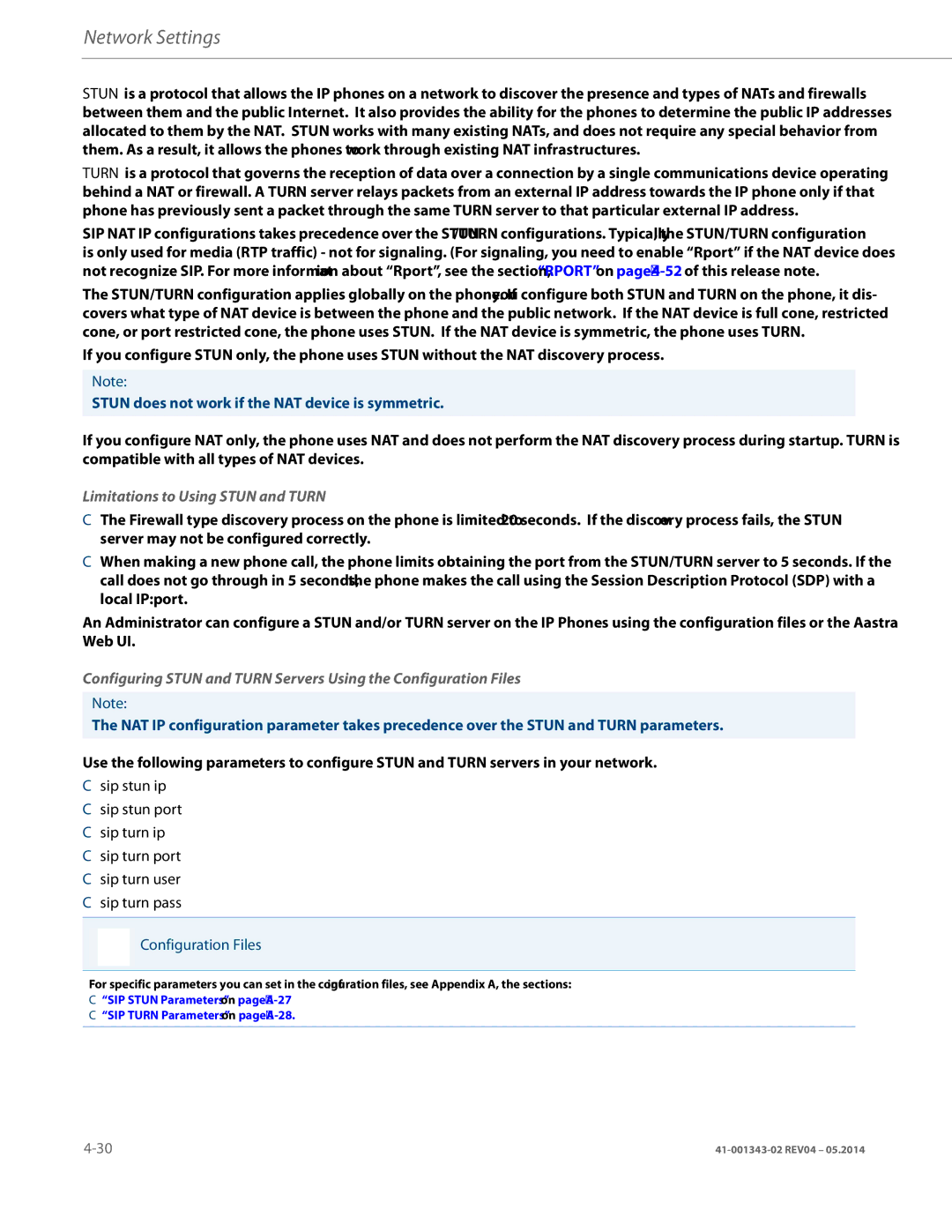 Aastra Telecom 41-001343-02 manual Stun does not work if the NAT device is symmetric, Limitations to Using Stun and Turn 
