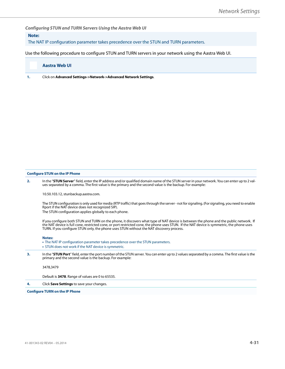 Aastra Telecom 41-001343-02 Configuring Stun and Turn Servers Using the Aastra Web UI, Configure Stun on the IP Phone 