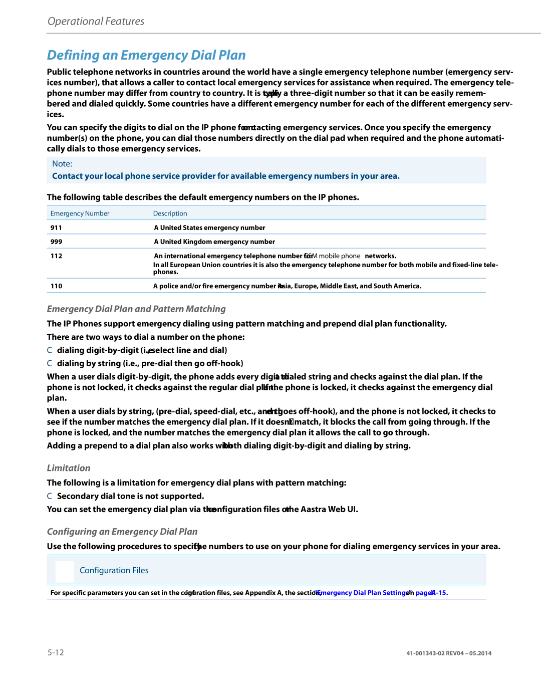 Aastra Telecom 41-001343-02 manual Defining an Emergency Dial Plan, Emergency Dial Plan and Pattern Matching, Limitation 