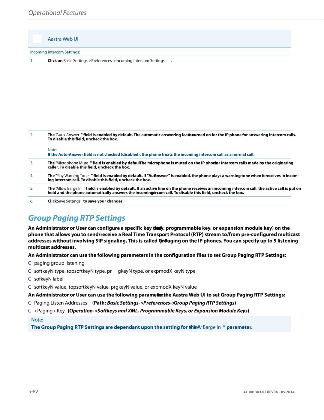 Aastra Telecom 41-001343-02 manual Group Paging RTP Settings, Incoming intercom Settings 