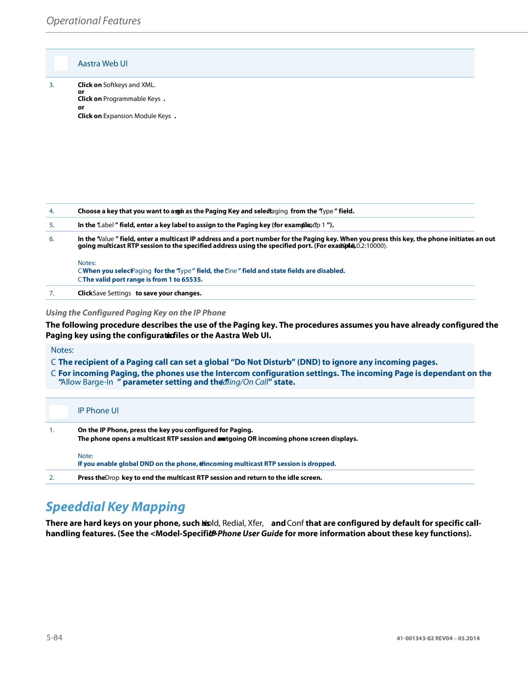 Aastra Telecom 41-001343-02 manual Speeddial Key Mapping, Using the Configured Paging Key on the IP Phone 