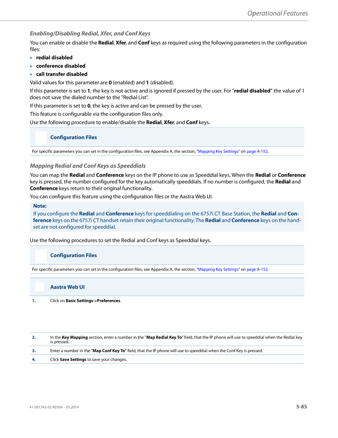 Aastra Telecom 41-001343-02 Enabling/Disabling Redial, Xfer, and Conf Keys, Mapping Redial and Conf Keys as Speeddials 