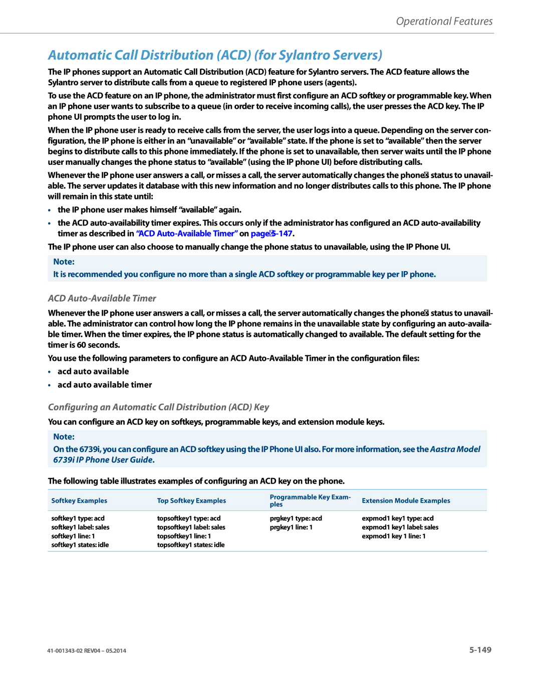 Aastra Telecom 41-001343-02 manual Automatic Call Distribution ACD for Sylantro Servers, ACD Auto-Available Timer 