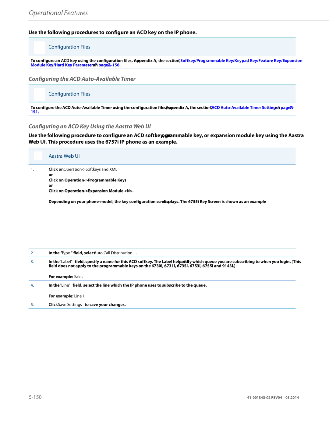 Aastra Telecom 41-001343-02 manual Configuring the ACD Auto-Available Timer, Configuring an ACD Key Using the Aastra Web UI 