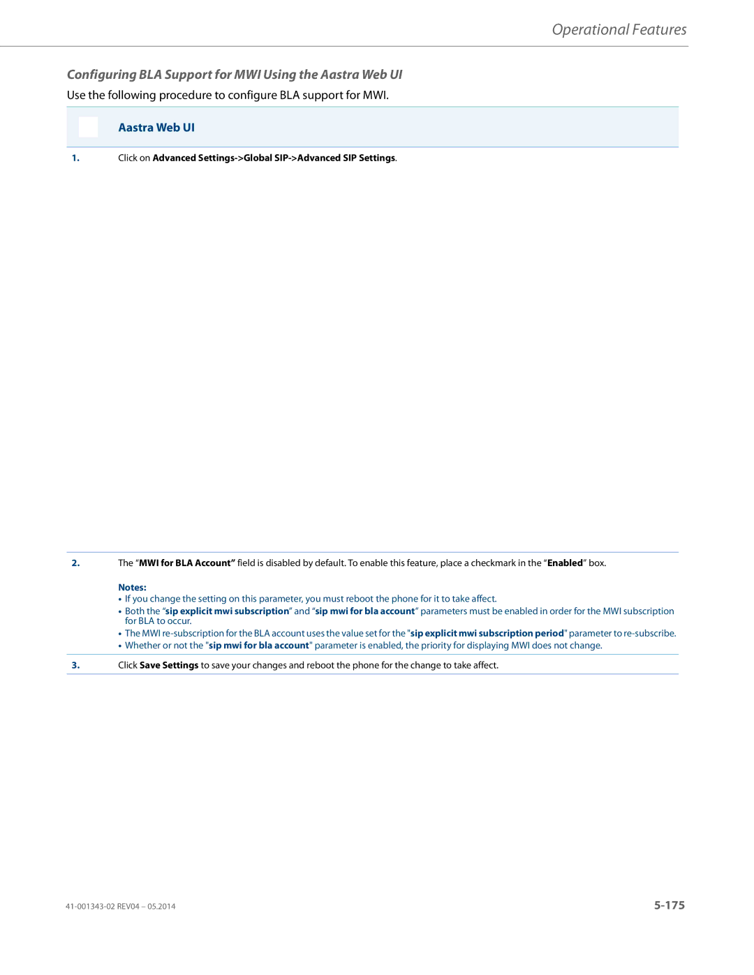 Aastra Telecom 41-001343-02 manual Configuring BLA Support for MWI Using the Aastra Web UI 