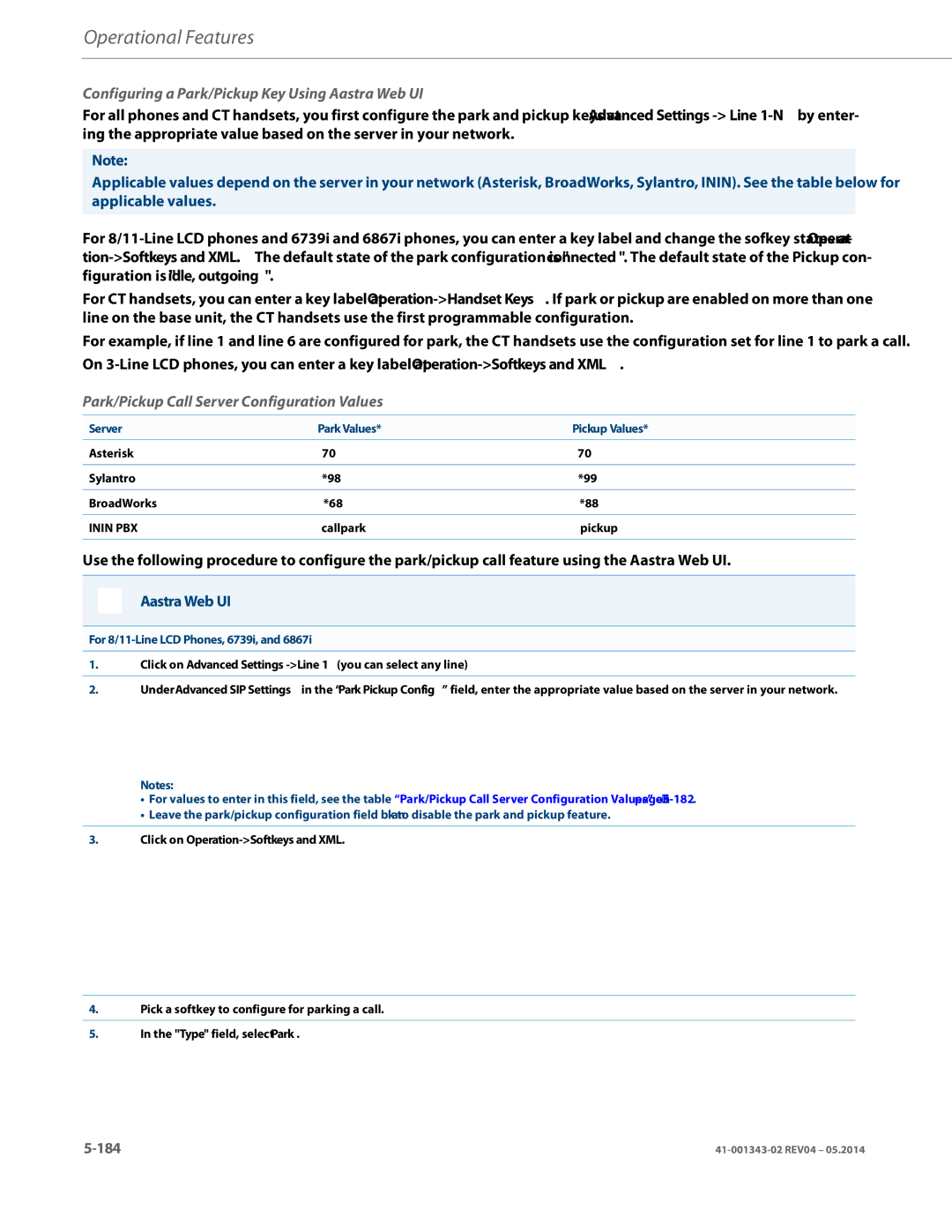 Aastra Telecom 41-001343-02 manual Configuring a Park/Pickup Key Using Aastra Web UI, For 8/11-Line LCD Phones, 6739i 