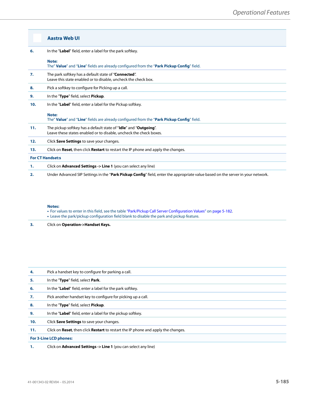 Aastra Telecom 41-001343-02 manual Label field, enter a label for the park softkey, For CT Handsets, For 3-Line LCD phones 