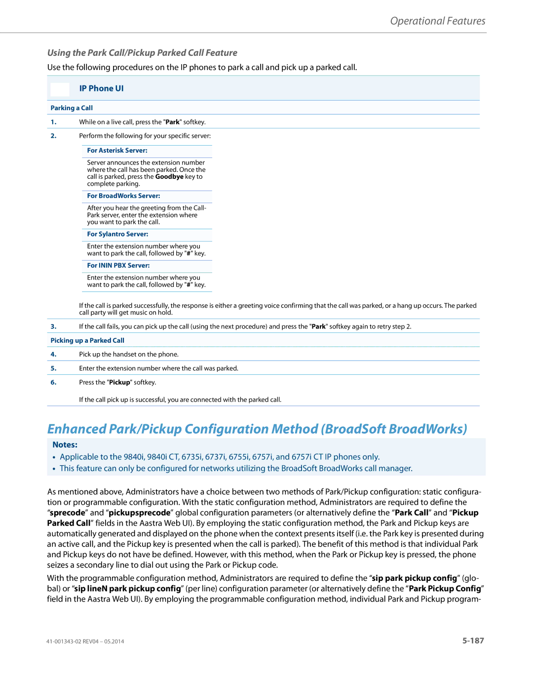 Aastra Telecom 41-001343-02 manual Using the Park Call/Pickup Parked Call Feature 