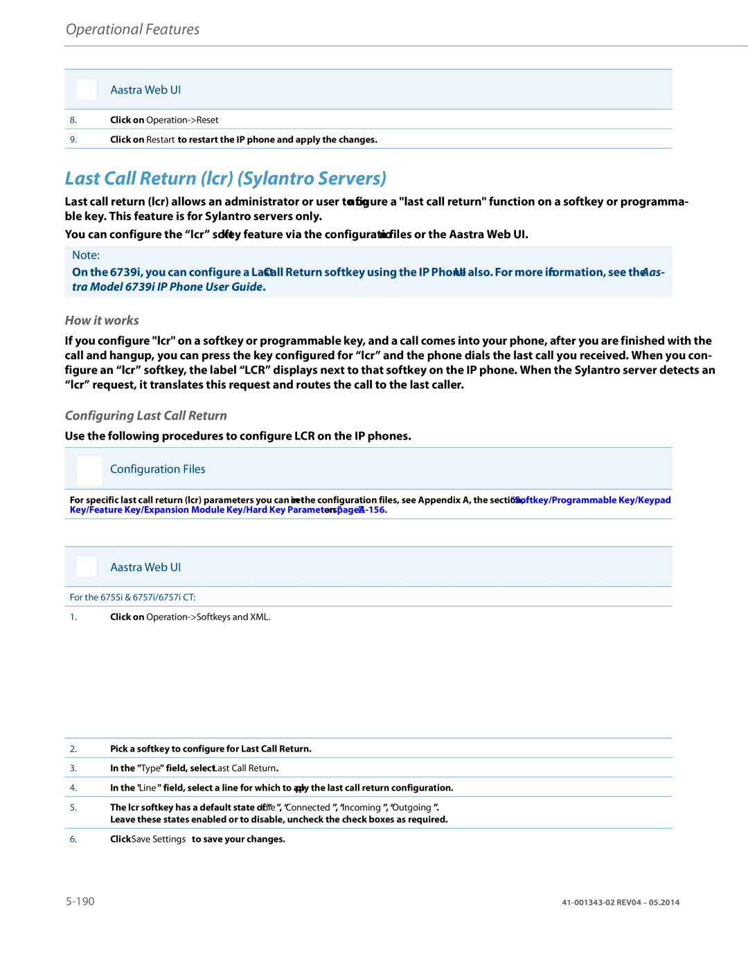 Aastra Telecom 41-001343-02 manual Last Call Return lcr Sylantro Servers, Configuring Last Call Return 