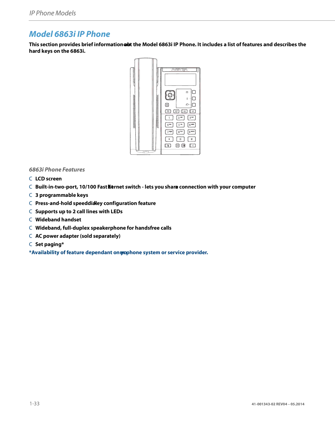 Aastra Telecom 41-001343-02 manual Model 6863i IP Phone, 6863i Phone Features 