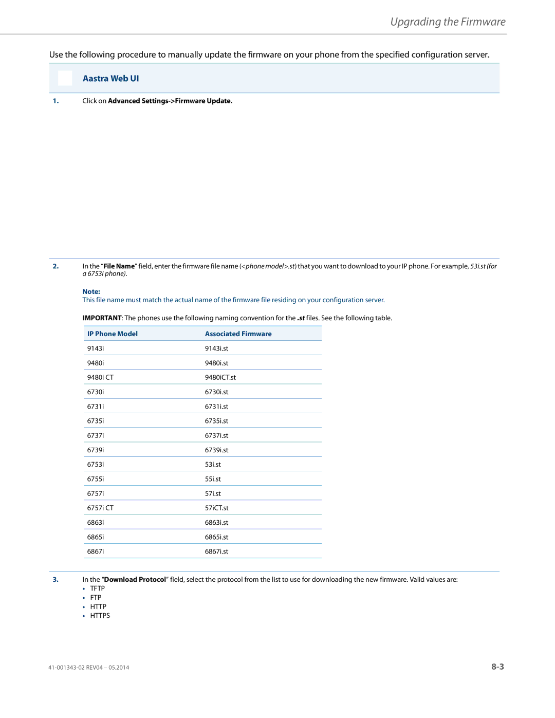 Aastra Telecom 41-001343-02 manual Click on Advanced Settings-Firmware Update, IP Phone Model Associated Firmware 