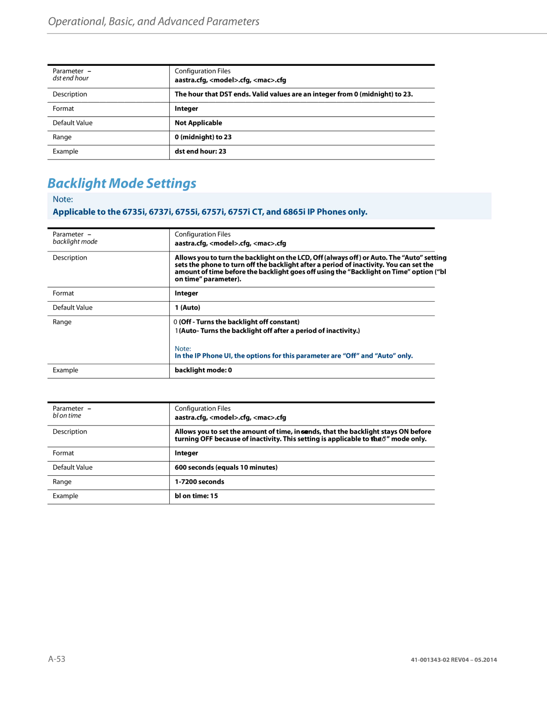 Aastra Telecom 41-001343-02 manual Backlight Mode Settings 