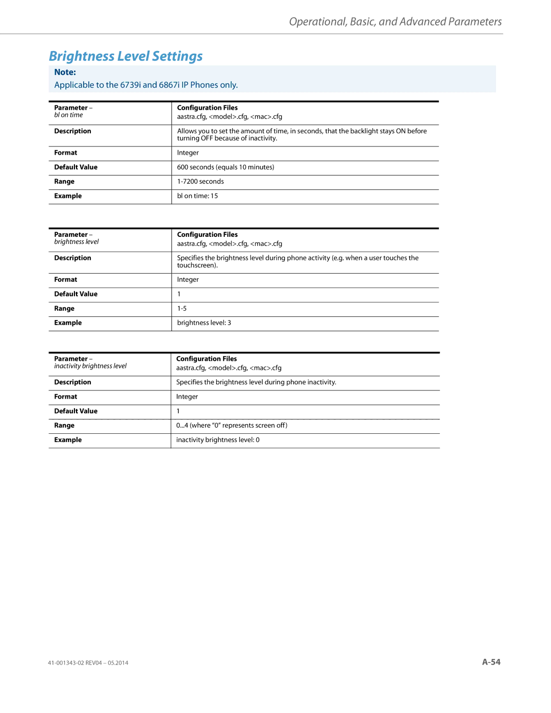 Aastra Telecom 41-001343-02 manual Brightness Level Settings 