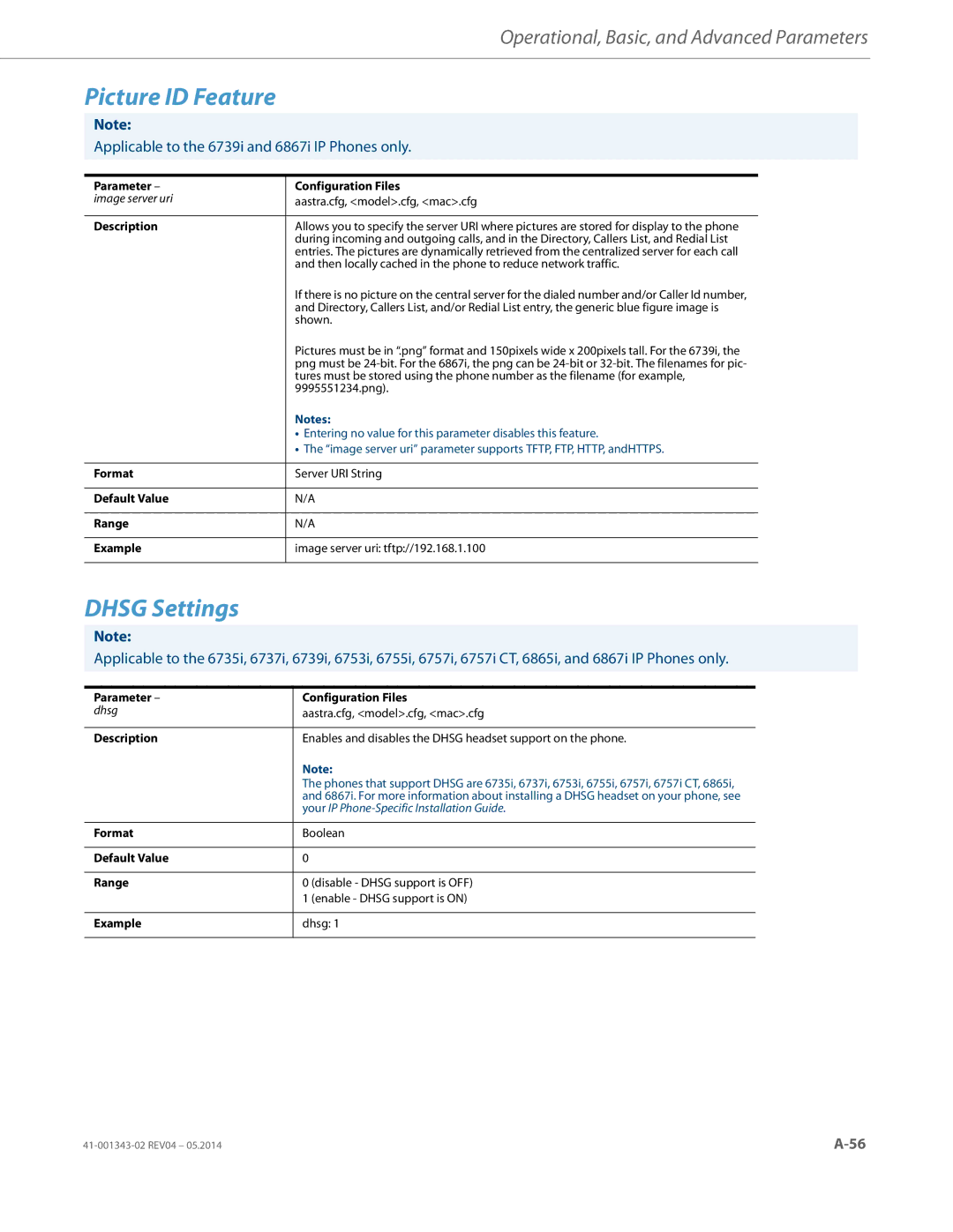 Aastra Telecom 41-001343-02 manual Dhsg Settings, Entering no value for this parameter disables this feature 