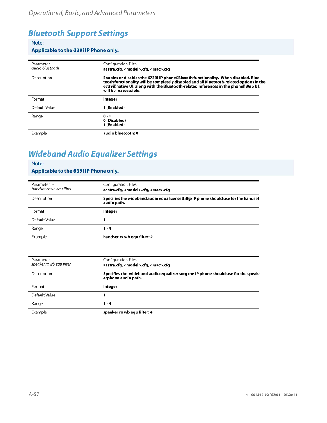 Aastra Telecom 41-001343-02 manual Bluetooth Support Settings, Wideband Audio Equalizer Settings 