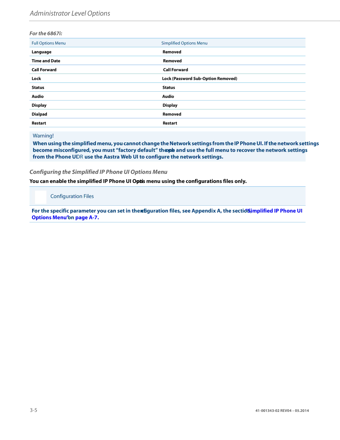 Aastra Telecom 41-001343-02 manual Configuring the Simplified IP Phone UI Options Menu 