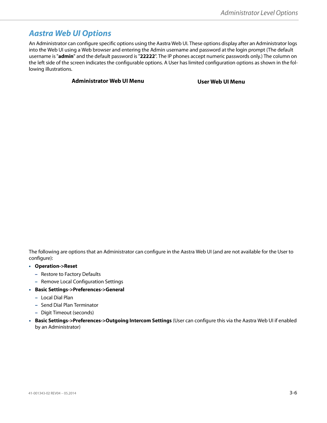 Aastra Telecom 41-001343-02 Aastra Web UI Options, User Web UI Menu, Operation-Reset, Basic Settings-Preferences-General 