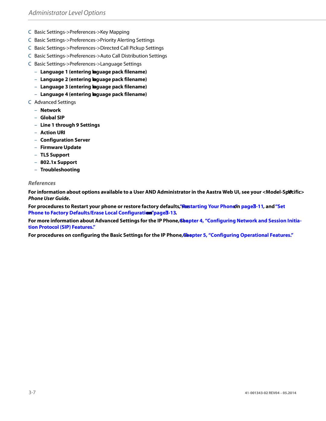 Aastra Telecom 41-001343-02 manual References, Advanced Settings 