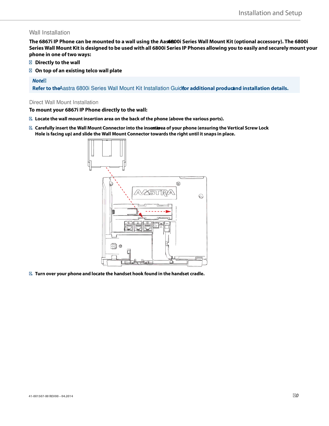 Aastra Telecom 41-001507-00 manual Wall Installation, Direct Wall Mount Installation 