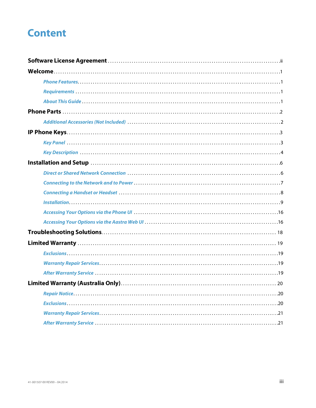 Aastra Telecom 41-001507-00 manual Content 