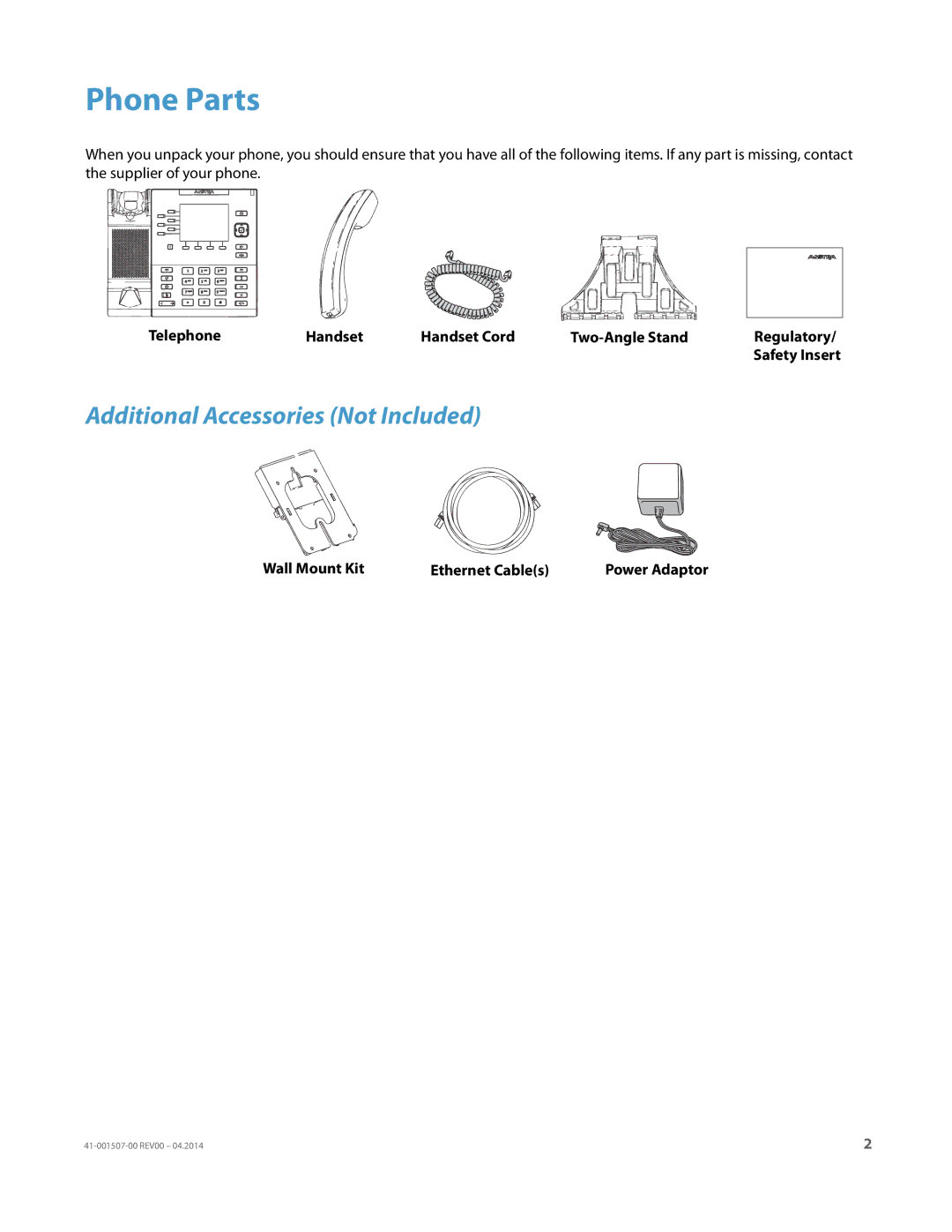 Aastra Telecom 41-001507-00 manual Phone Parts, Additional Accessories Not Included 