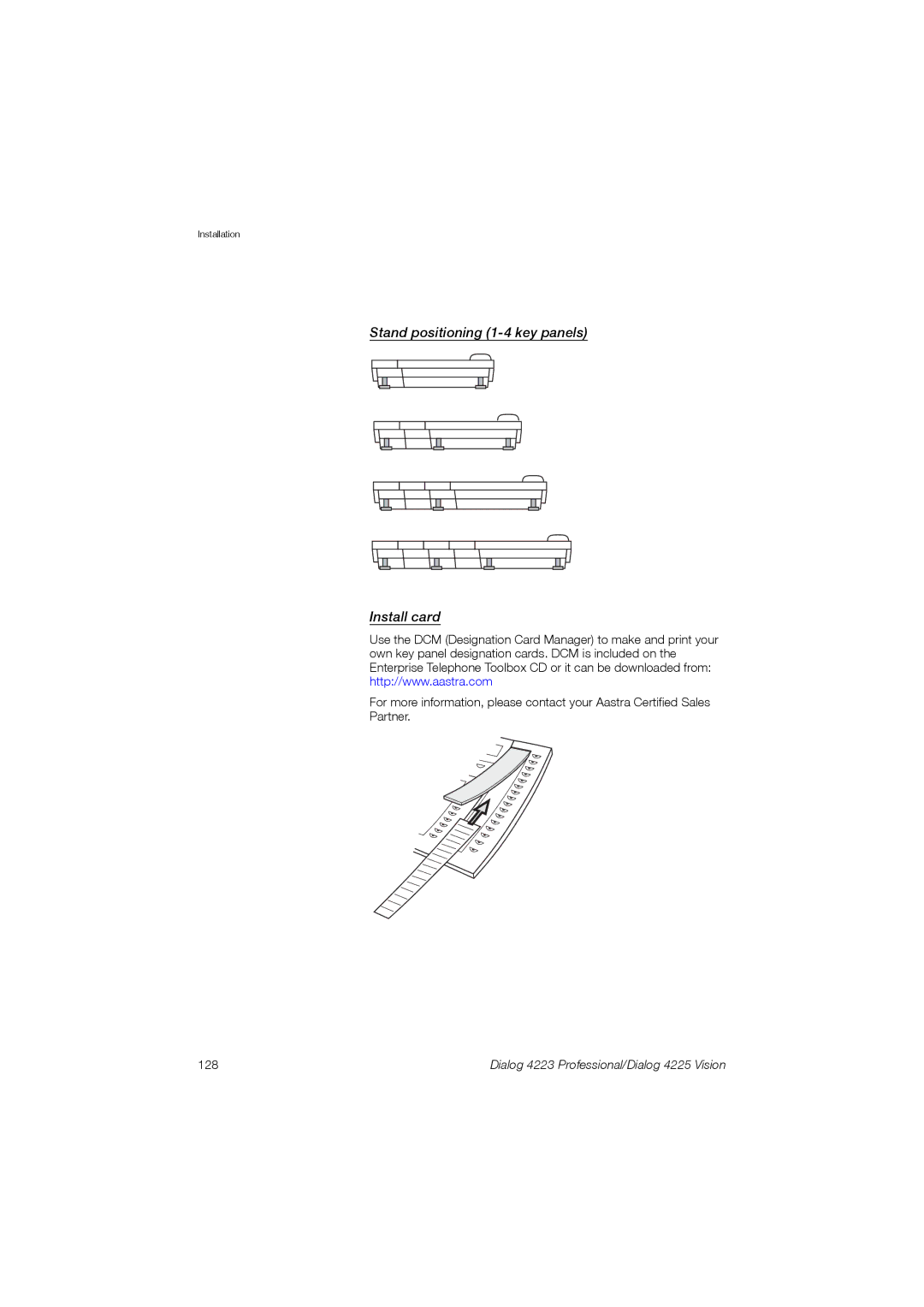 Aastra Telecom 4223, 4225 manual Stand positioning 1-4 key panels Install card, 128 