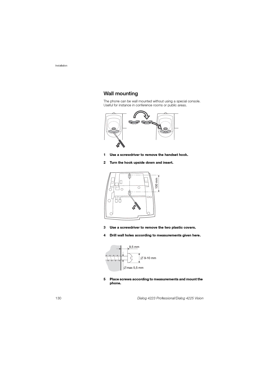 Aastra Telecom 4223, 4225 manual Wall mounting, 130 