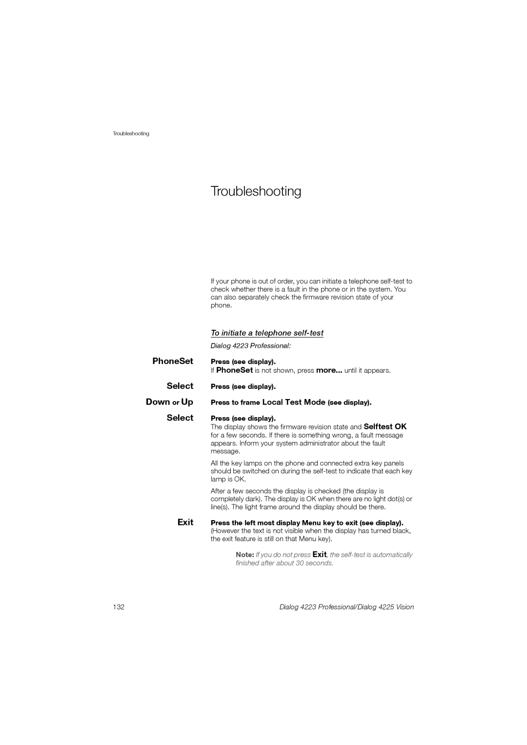 Aastra Telecom 4223, 4225 manual Troubleshooting, To initiate a telephone self-test, 132 