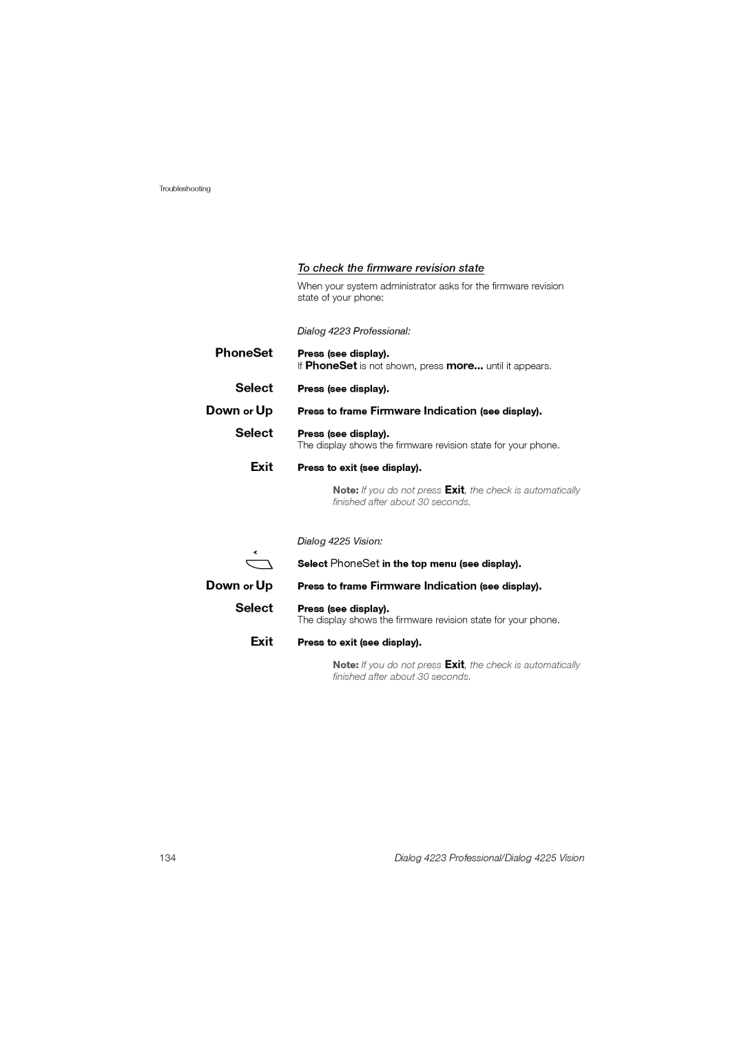 Aastra Telecom 4223, 4225 manual To check the firmware revision state, Exit Press to exit see display, 134 