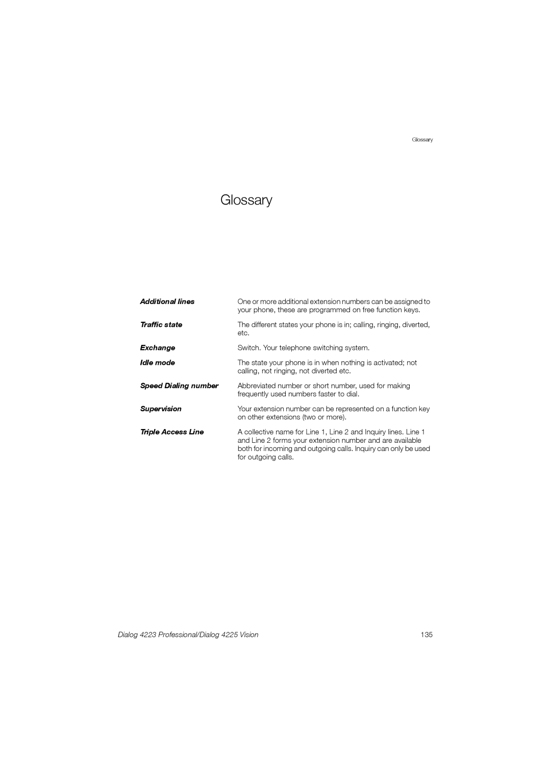 Aastra Telecom manual Glossary, Dialog 4223 Professional/Dialog 4225 Vision 135 