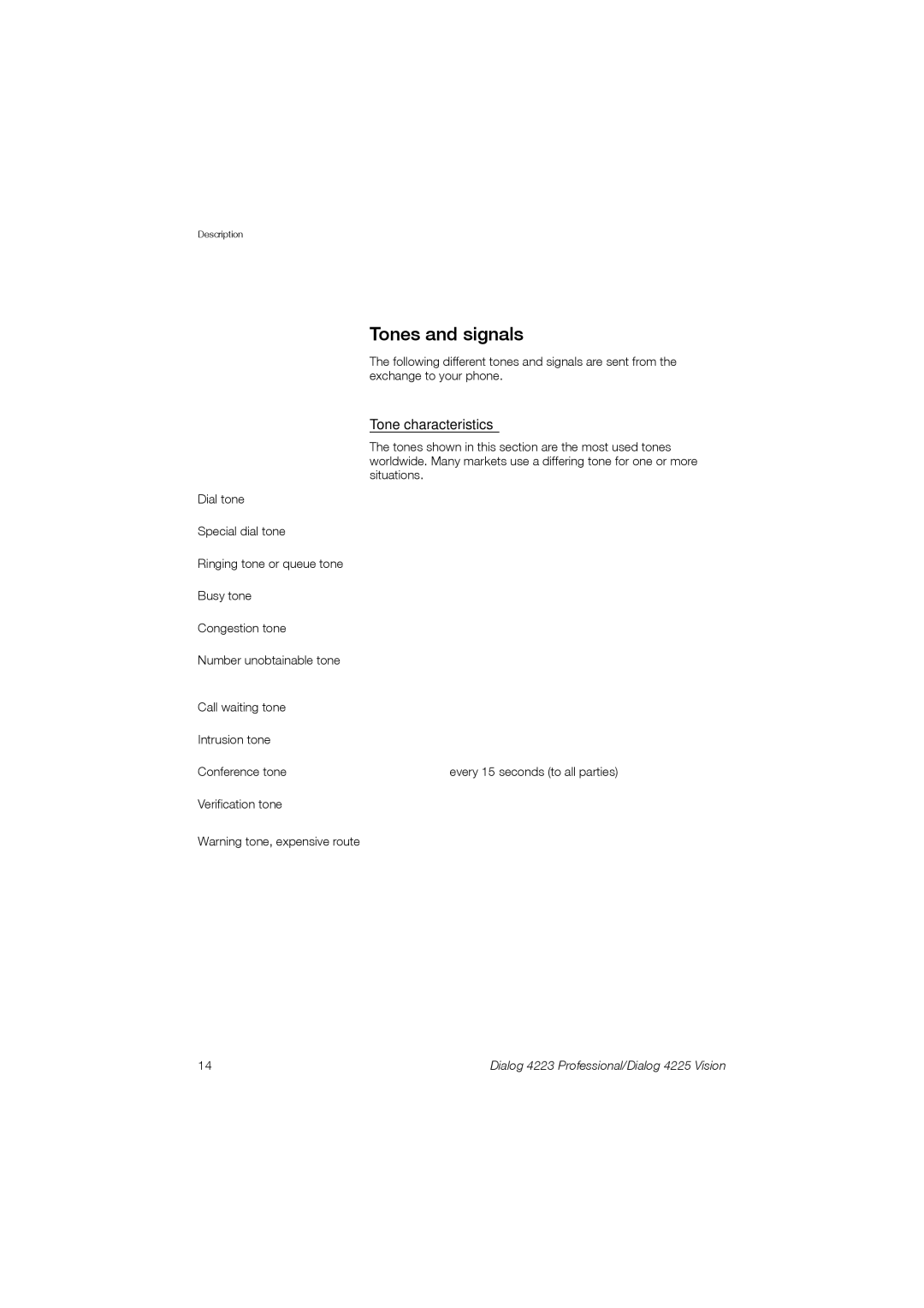 Aastra Telecom 4223, 4225 manual Tones and signals, Tone characteristics 