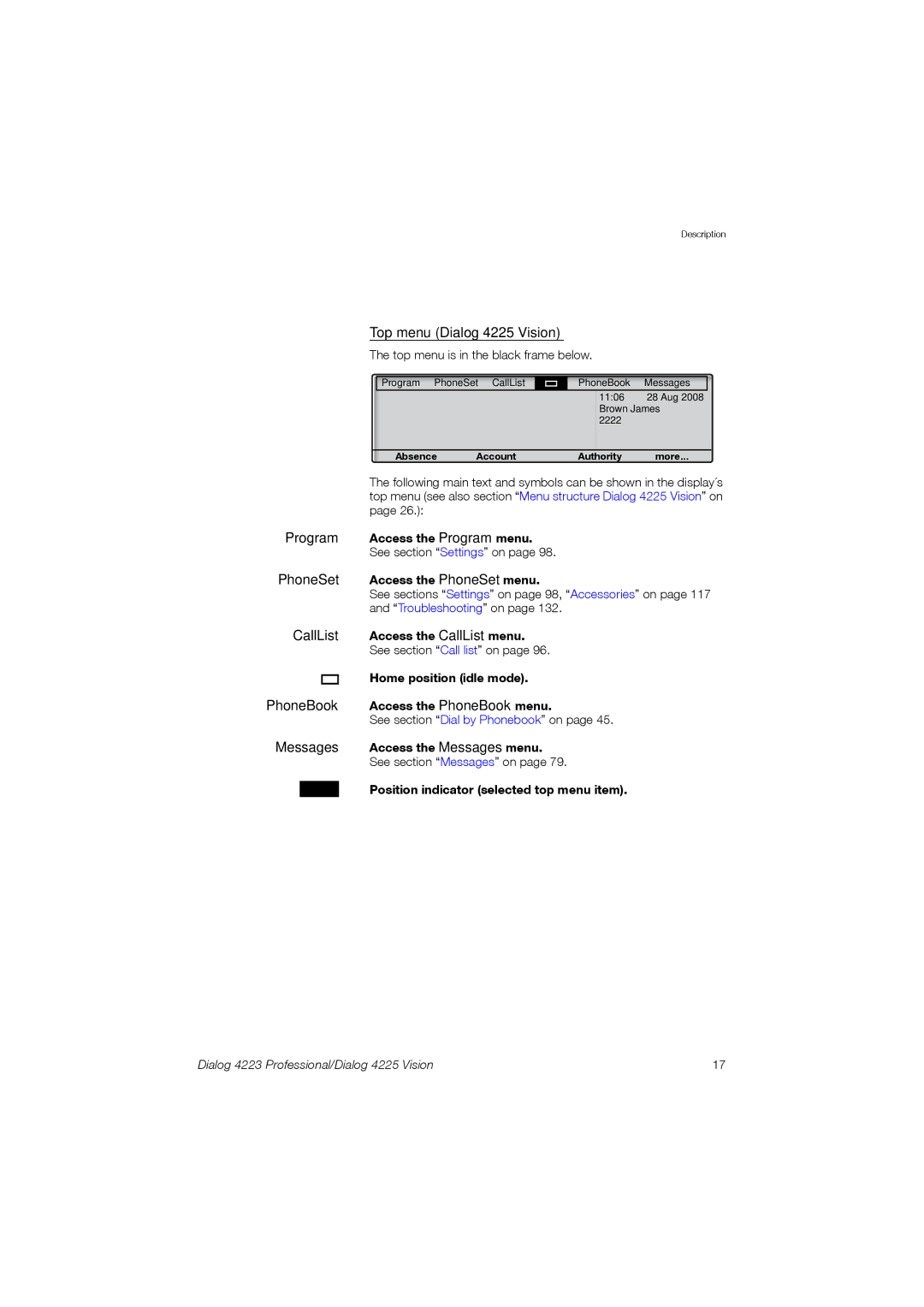 Aastra Telecom 4223 Top menu Dialog 4225 Vision, Home position idle mode, Position indicator selected top menu item 