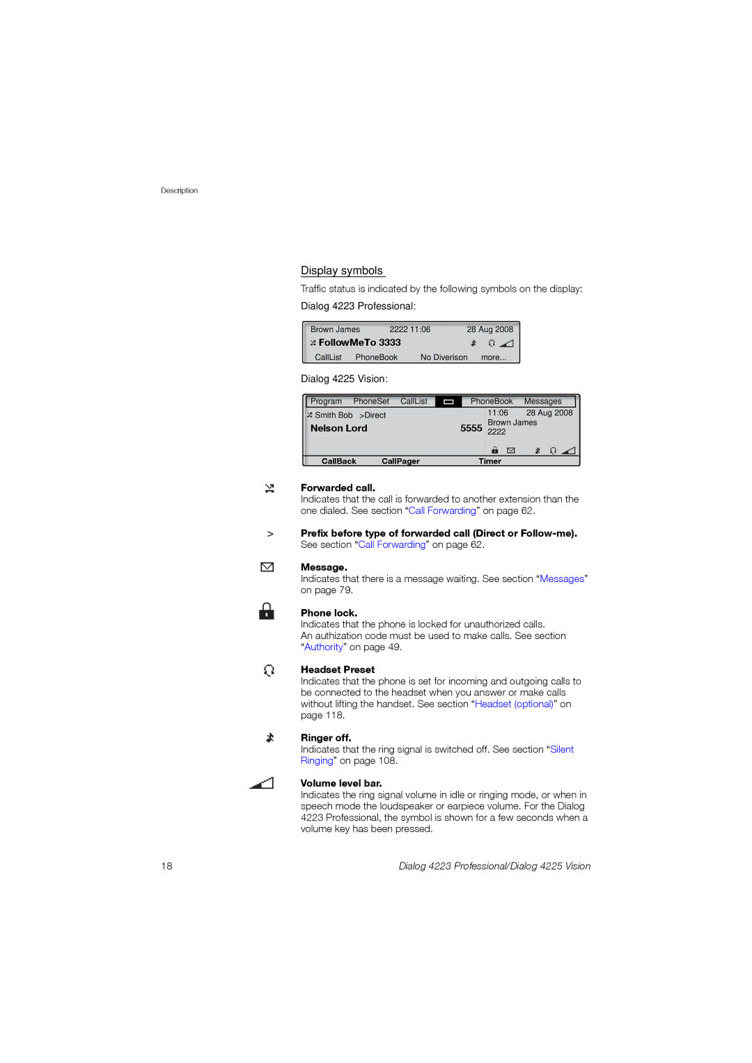 Aastra Telecom 4223, 4225 manual Display symbols 