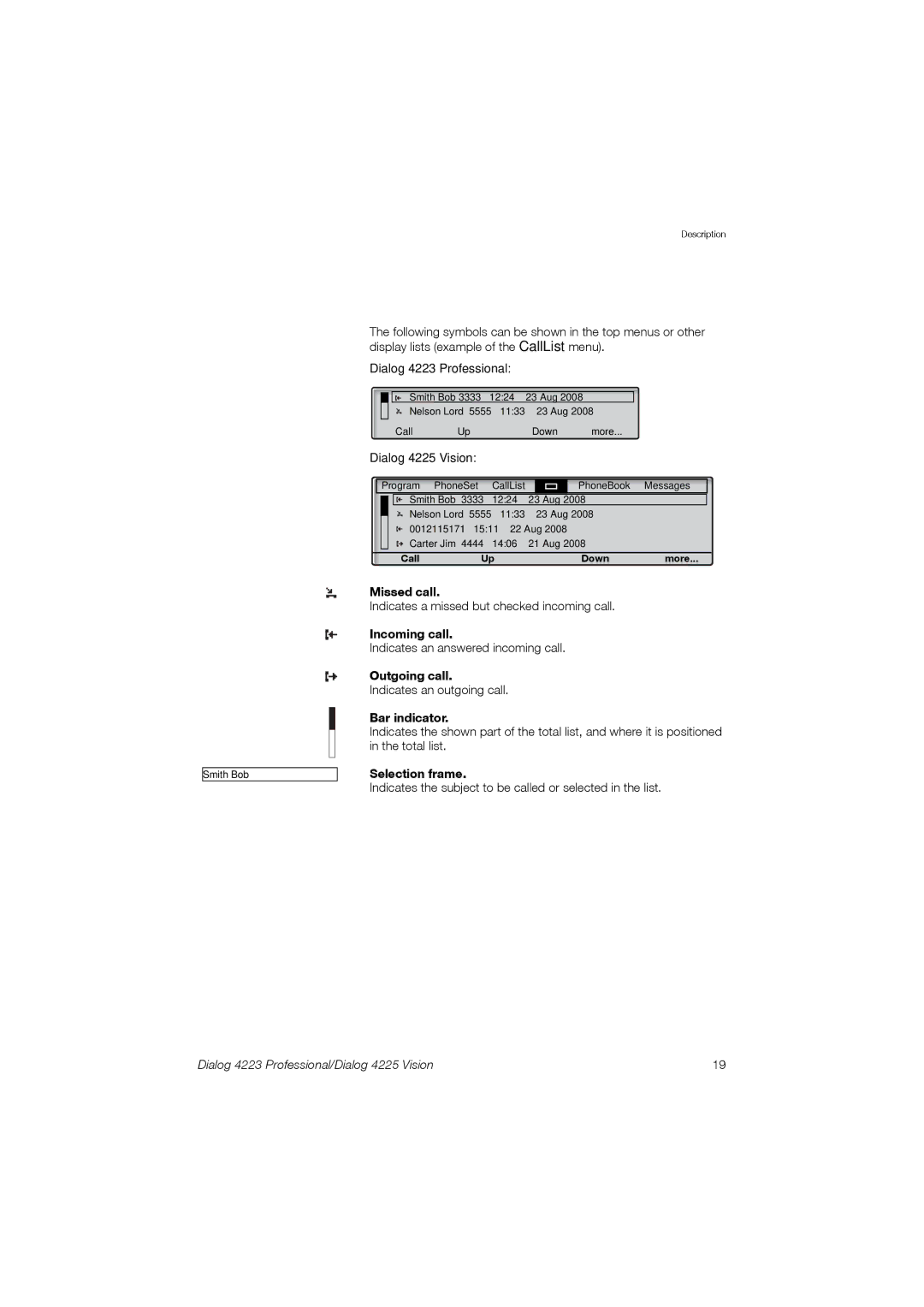 Aastra Telecom 4225, 4223 manual Missed call, Incoming call, Outgoing call, Bar indicator, Selection frame 