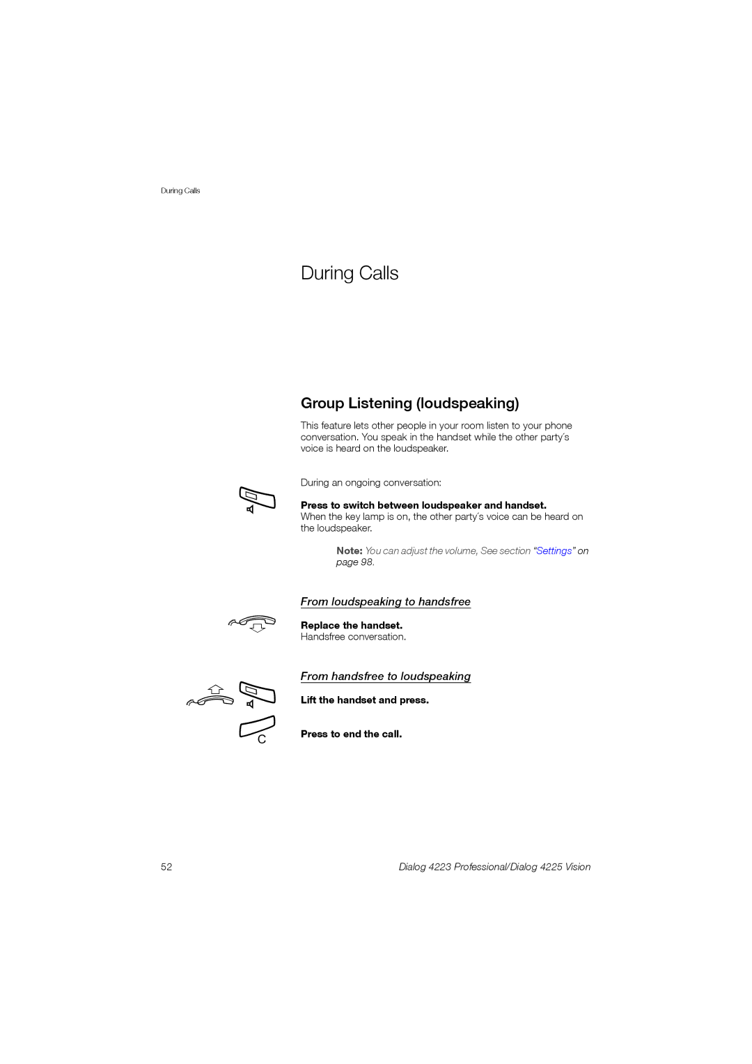 Aastra Telecom 4223, 4225 manual During Calls, Group Listening loudspeaking, From loudspeaking to handsfree 