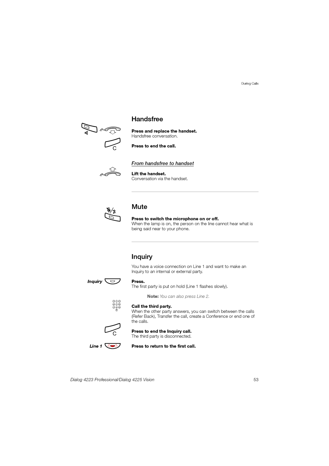 Aastra Telecom 4225, 4223 manual Handsfree, Mute, Inquiry, From handsfree to handset 