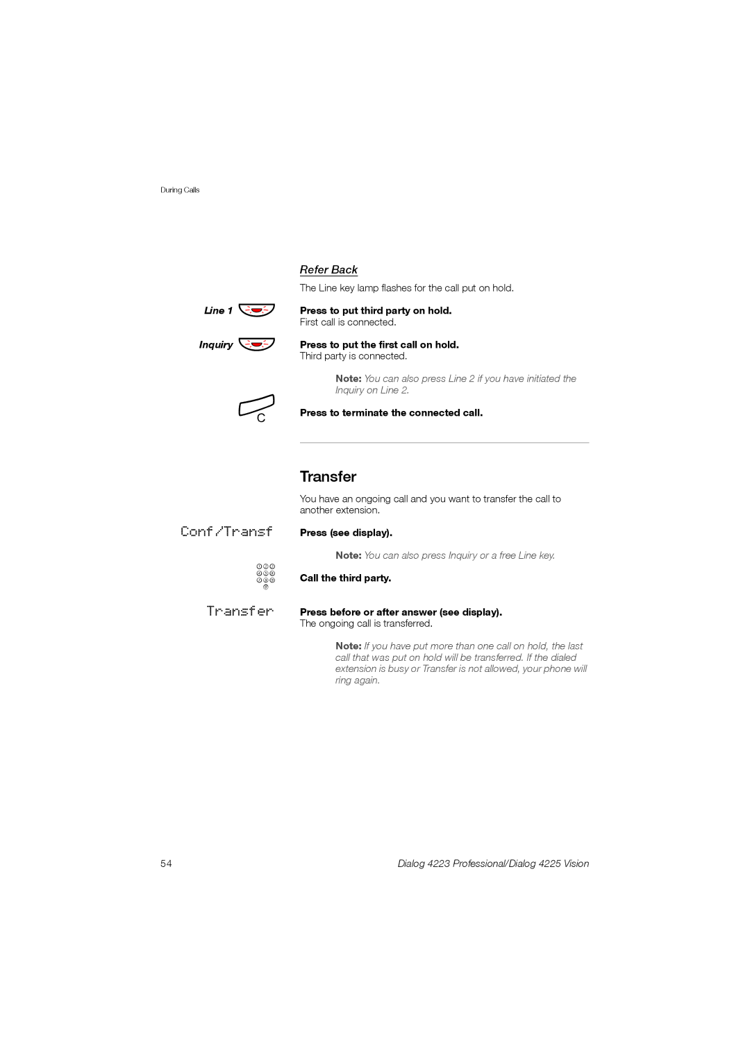 Aastra Telecom 4223, 4225 manual Transfer, Refer Back, Press to put third party on hold, Press to put the first call on hold 