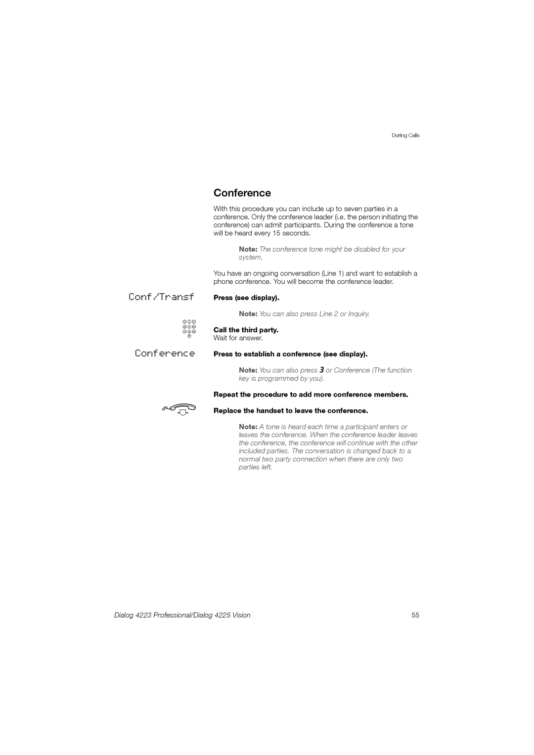 Aastra Telecom 4225, 4223 manual Conference, Press see display Call the third party 