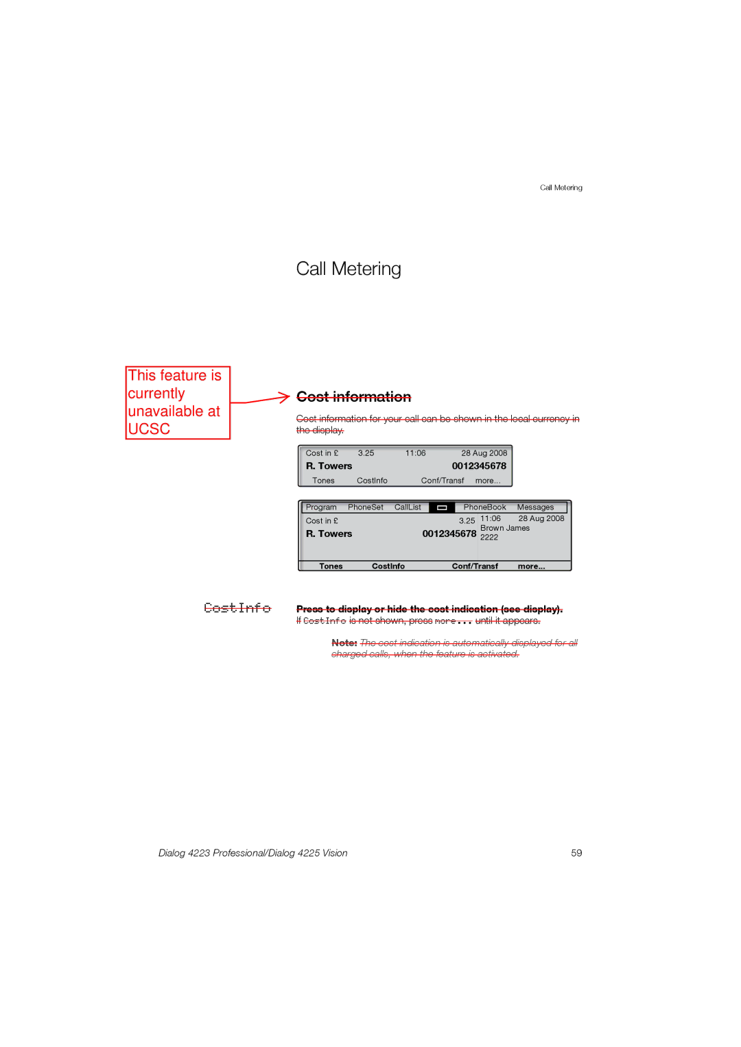 Aastra Telecom 4225, 4223 manual Call Metering, Cost information 