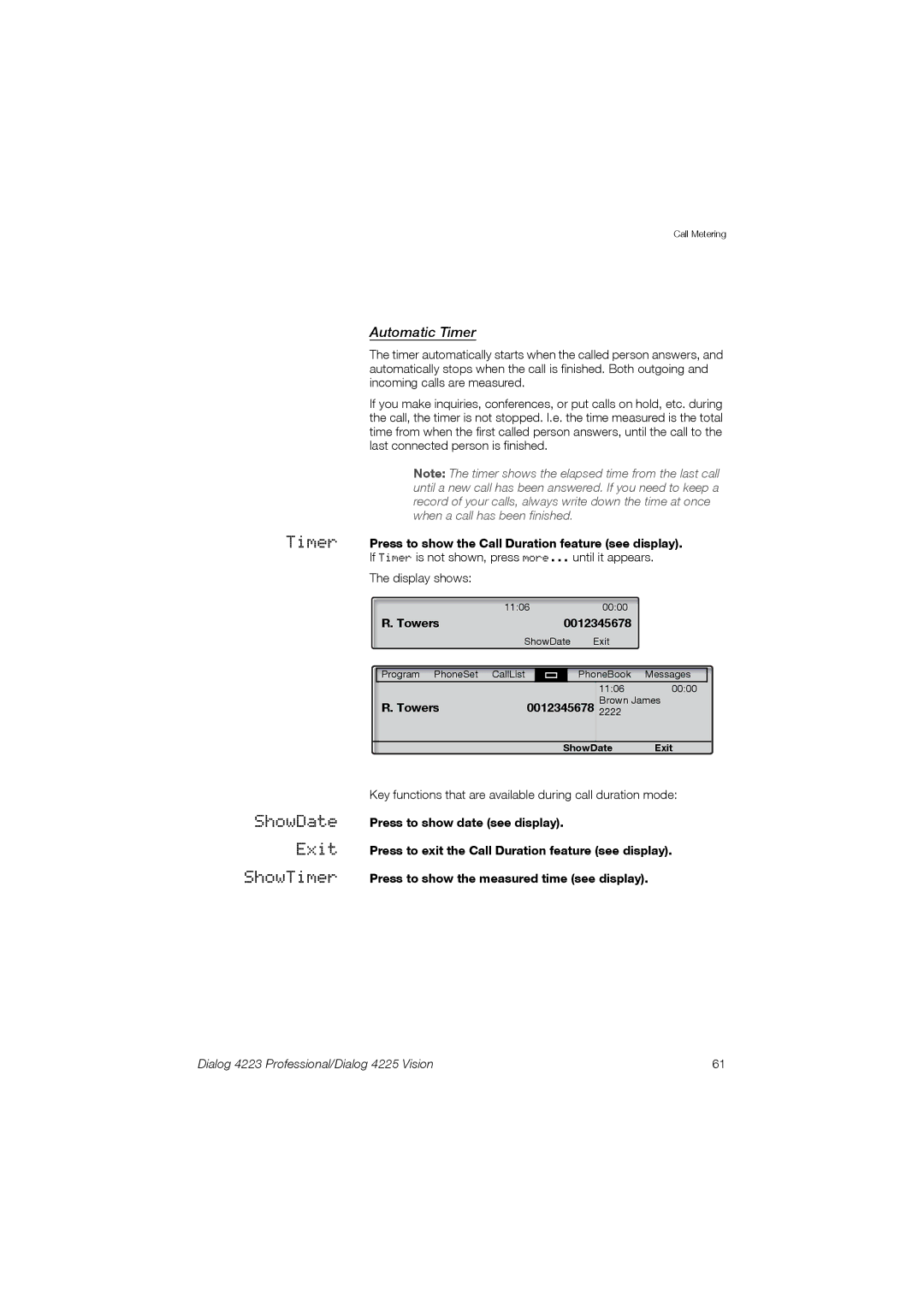 Aastra Telecom 4225, 4223 manual Automatic Timer, Timer Press to show the Call Duration feature see display 