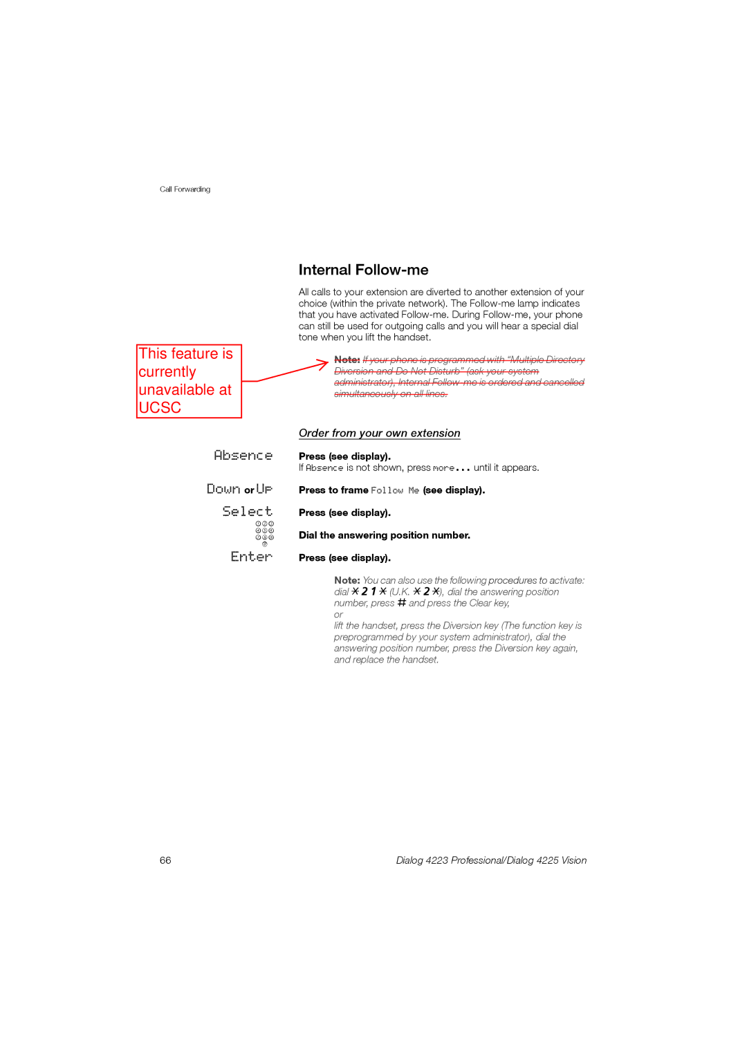 Aastra Telecom 4223, 4225 manual Internal Follow-me, Order from your own extension 