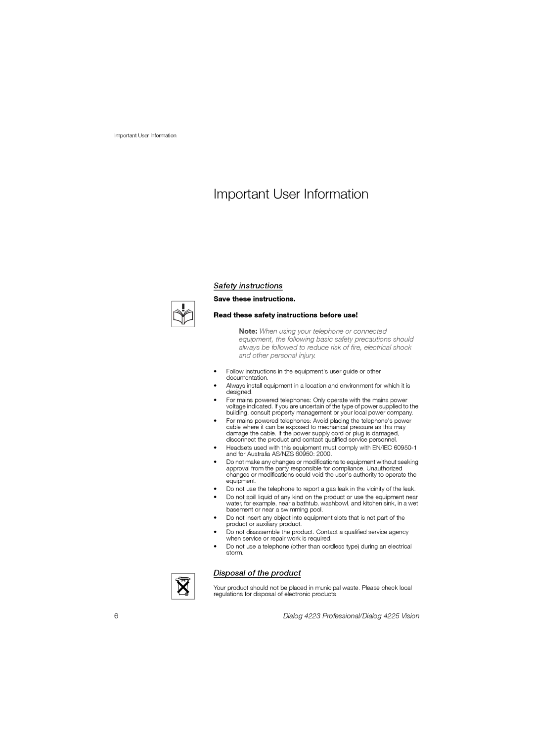 Aastra Telecom 4223, 4225 manual Important User Information, Safety instructions, Disposal of the product 