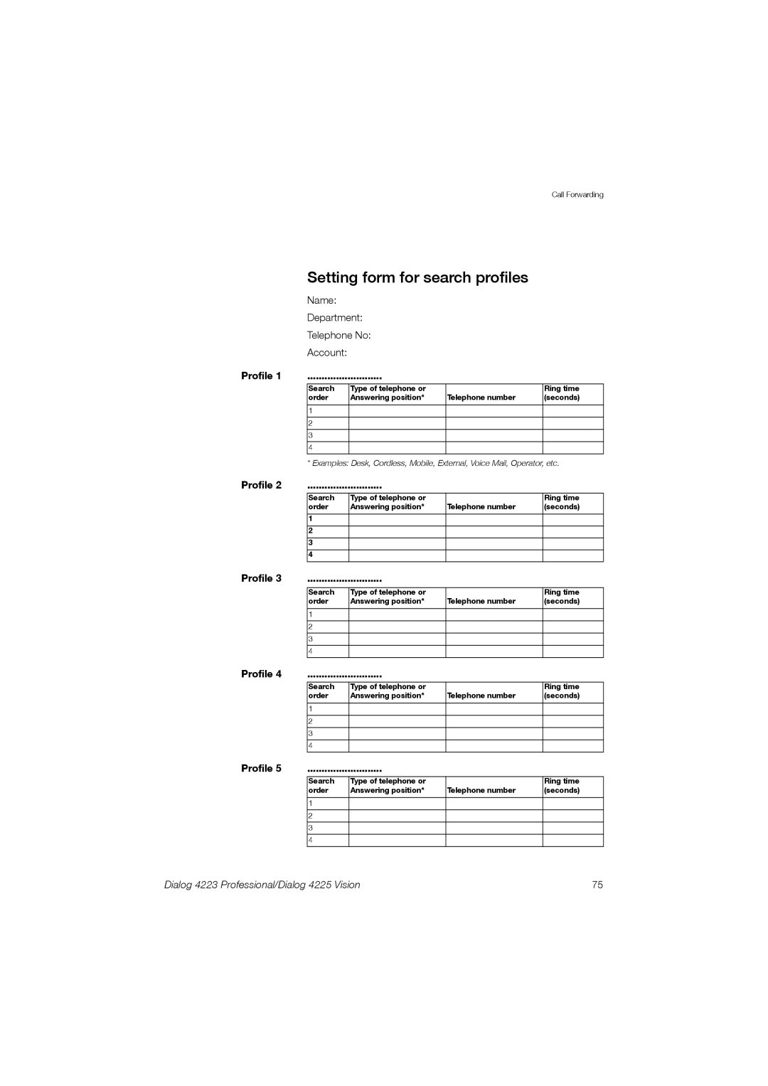 Aastra Telecom 4225, 4223 manual Setting form for search profiles 