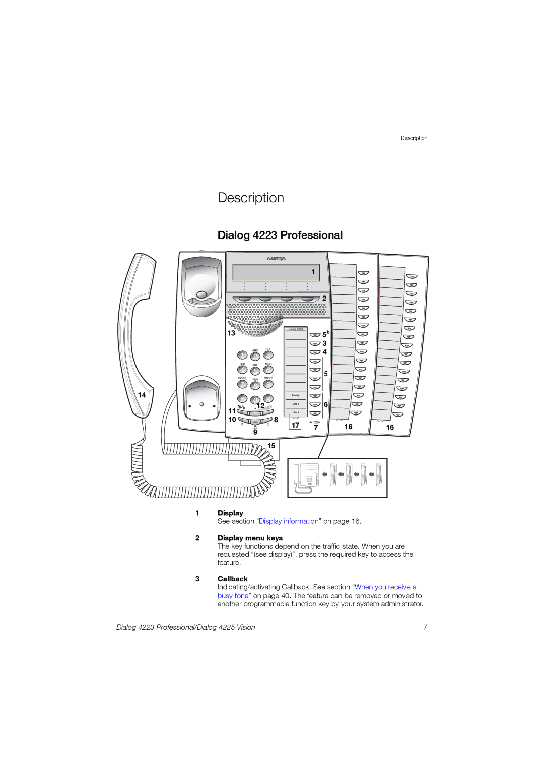 Aastra Telecom 4225 manual Description, Dialog 4223 Professional, Display menu keys, Callback 