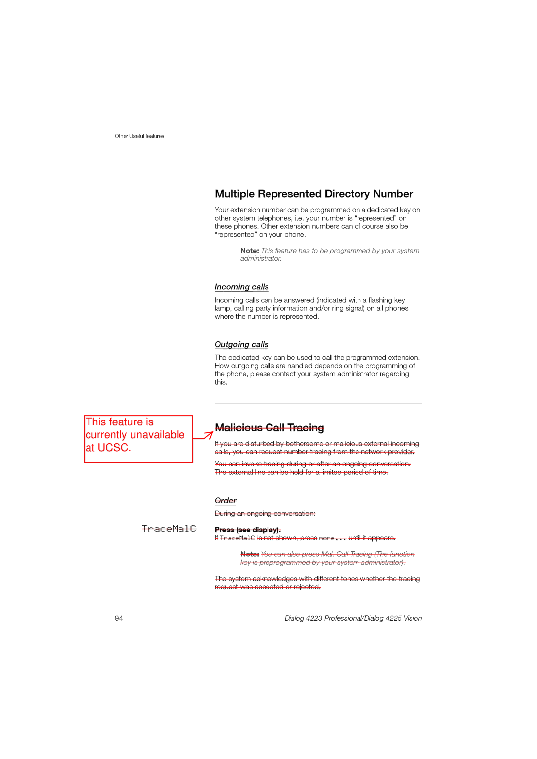 Aastra Telecom 4223, 4225 Multiple Represented Directory Number, Malicious Call Tracing, Incoming calls, Outgoing calls 