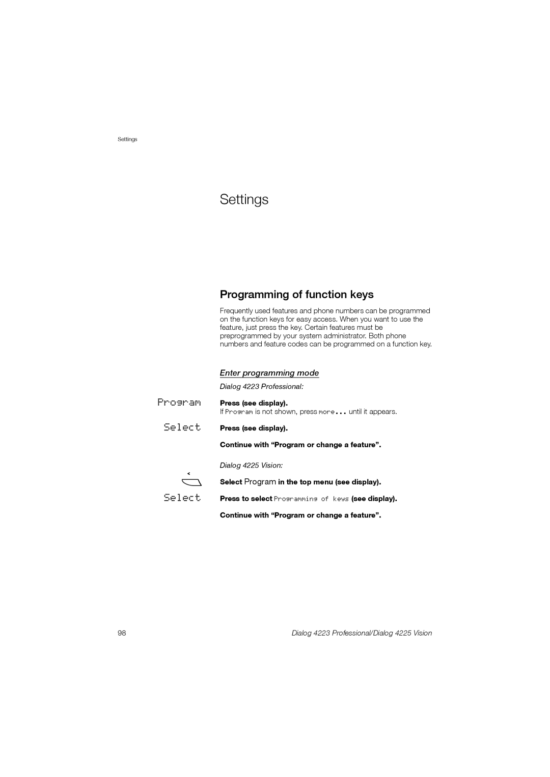 Aastra Telecom 4225, 4223 manual Settings, Programming of function keys, Enter programming mode 