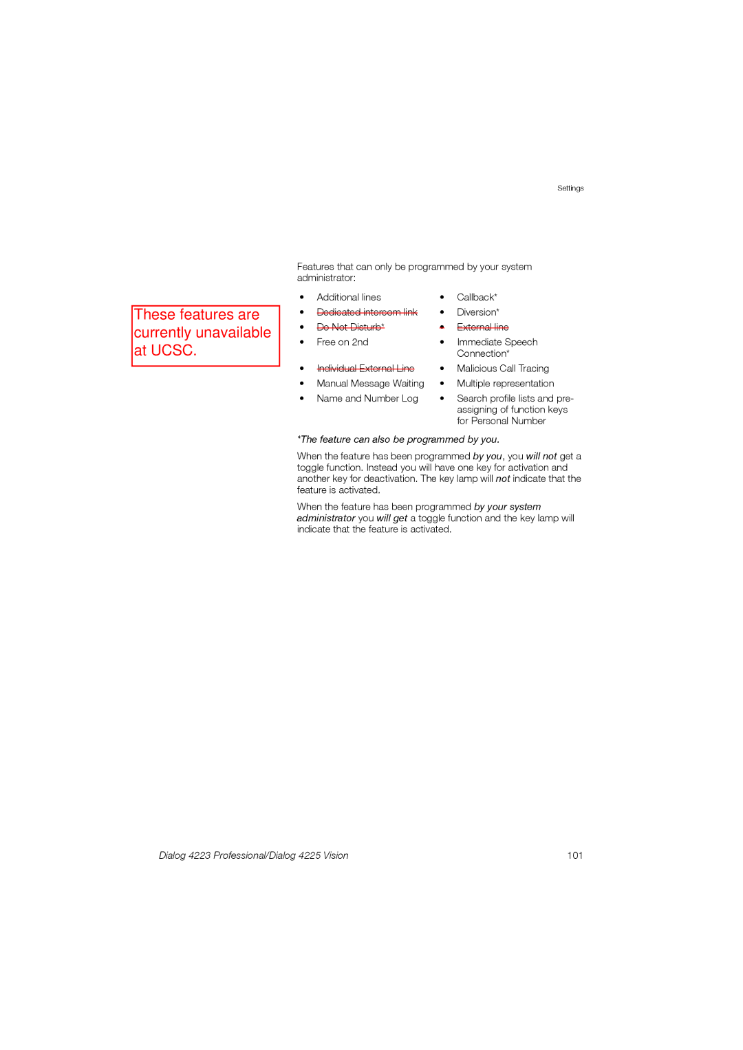 Aastra Telecom manual Feature can also be programmed by you, Dialog 4223 Professional/Dialog 4225 Vision 101 