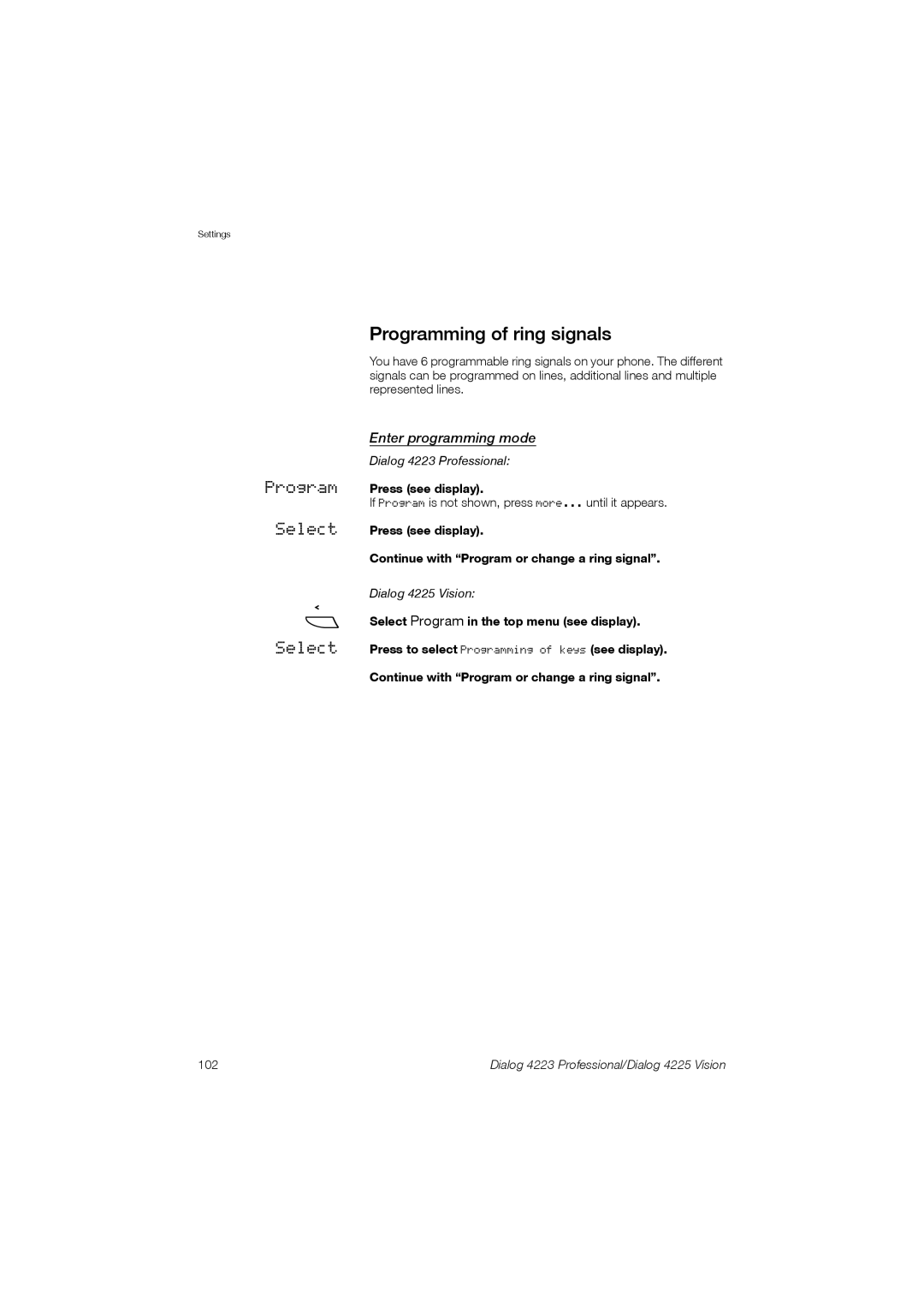 Aastra Telecom 4225, 4223 manual Programming of ring signals, 102 