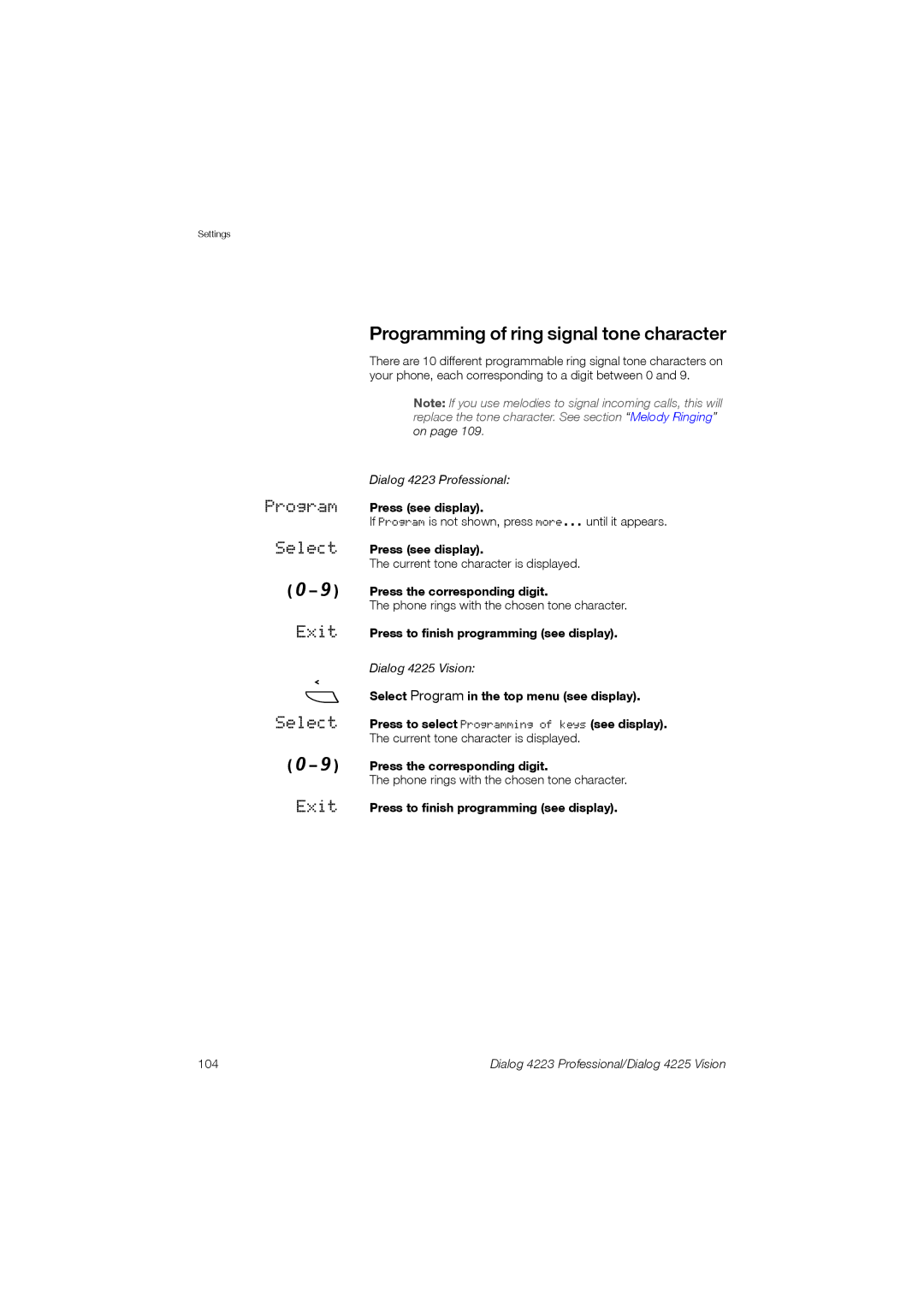 Aastra Telecom 4225, 4223 manual Programming of ring signal tone character, Press the corresponding digit, 104 